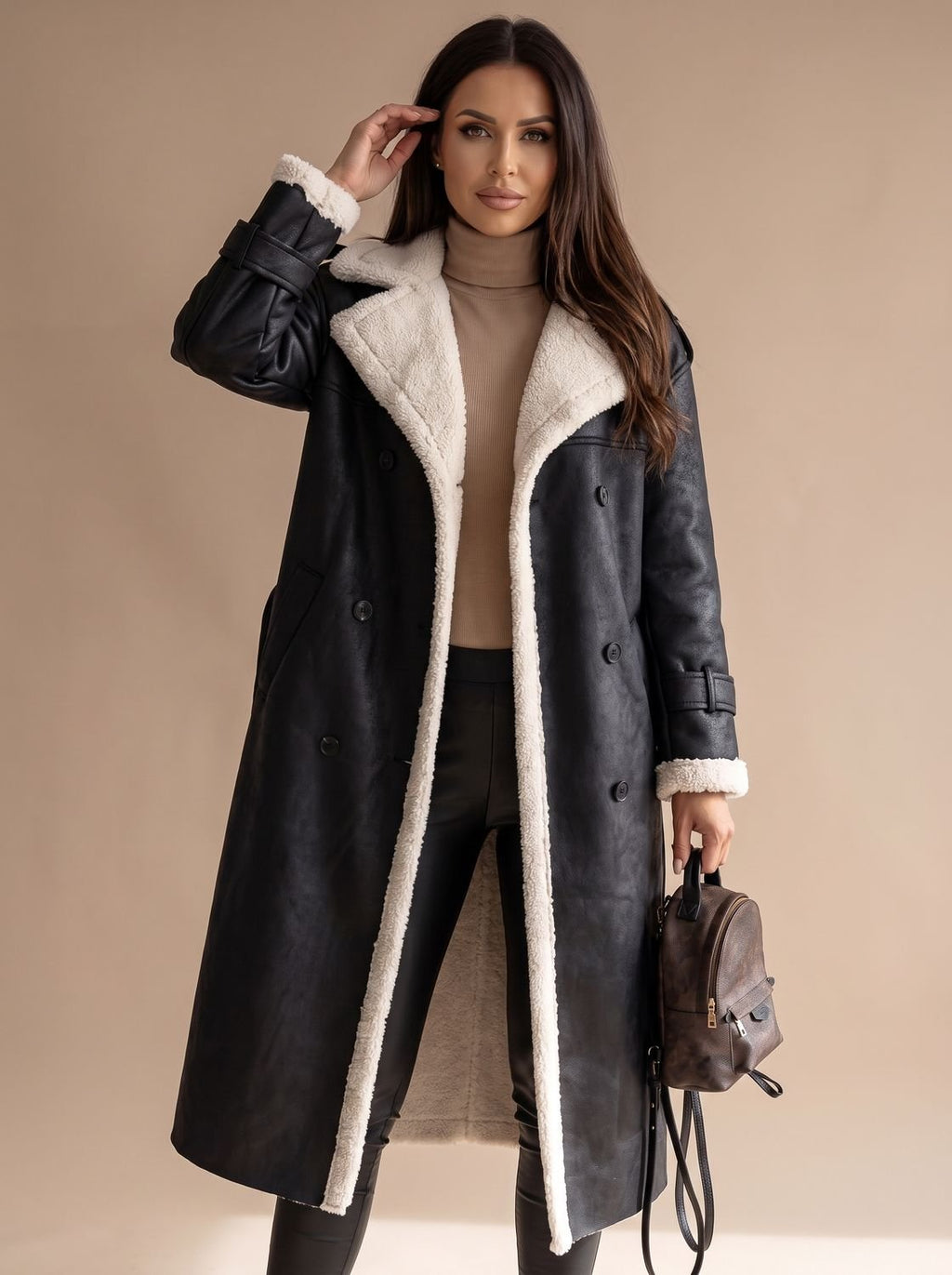 Women's Long Belted Faux Leather Coat with Sherpa Lining