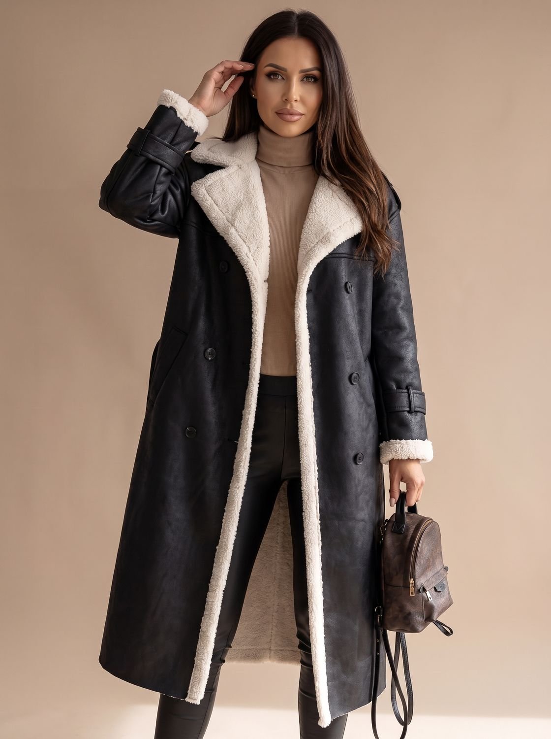 Women's Long Belted Faux Leather Coat with Sherpa Lining