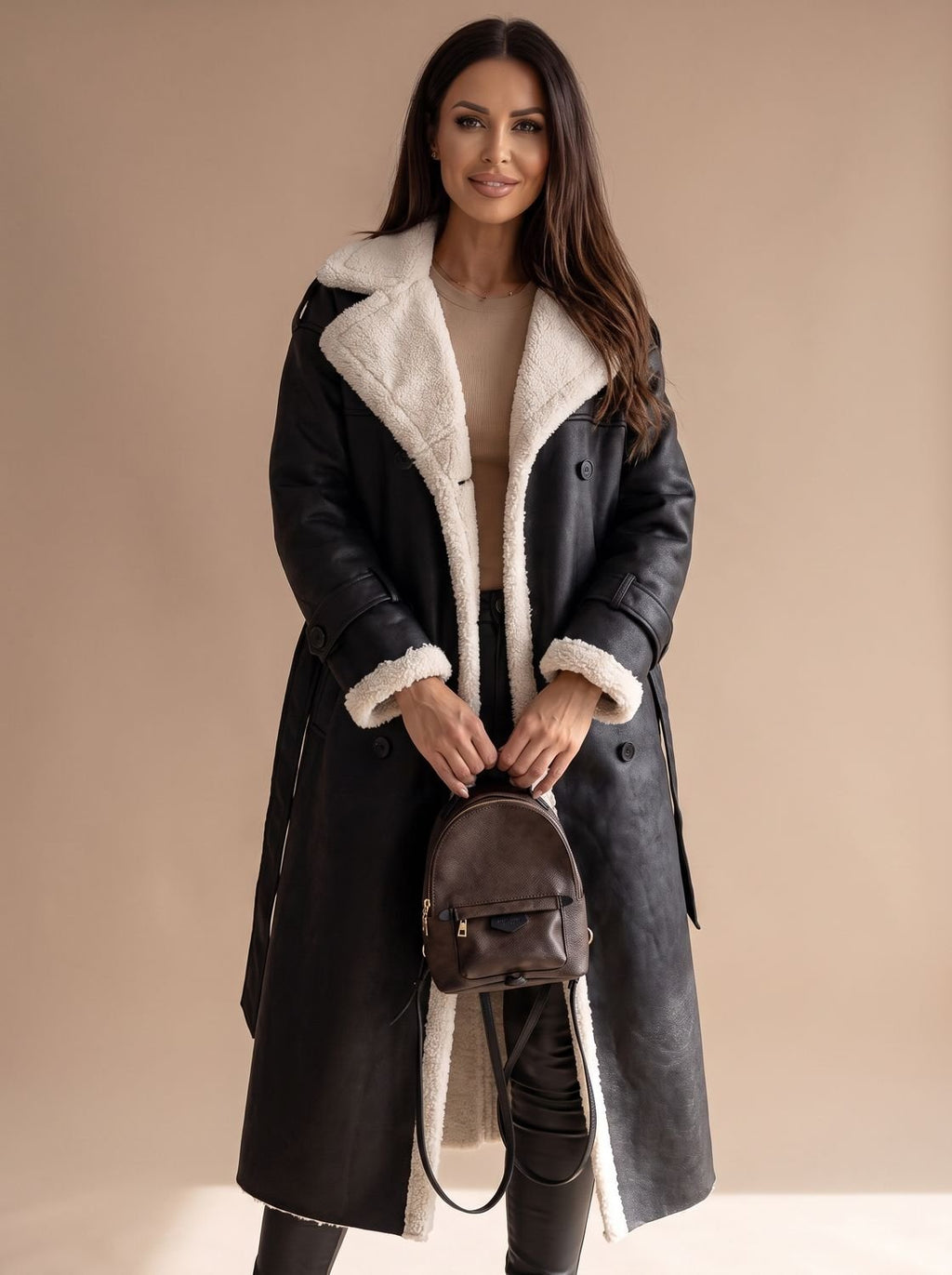 Women's Long Belted Faux Leather Coat with Sherpa Lining