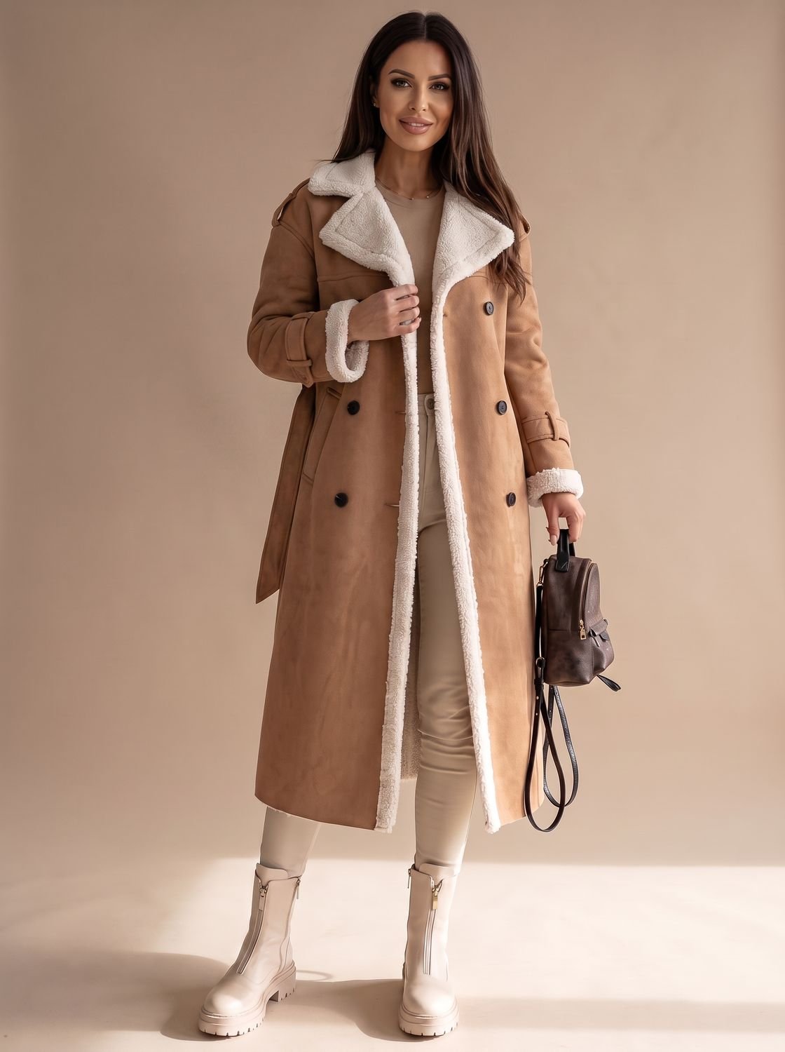 Women's Long Belted Faux Leather Coat with Sherpa Lining