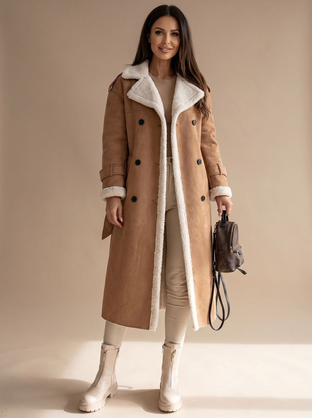 Women's Long Belted Faux Leather Coat with Sherpa Lining