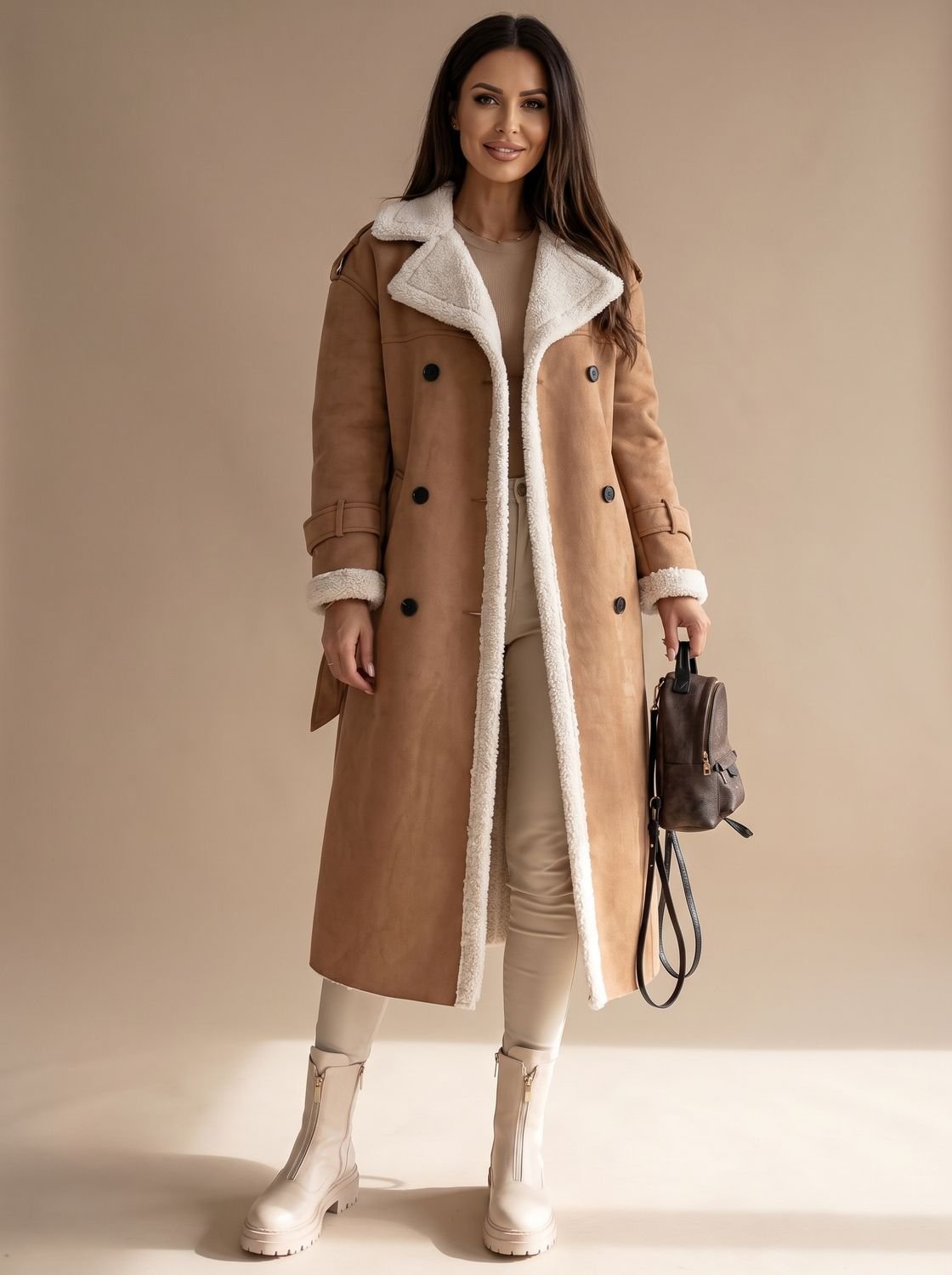 Women's Long Belted Faux Leather Coat with Sherpa Lining