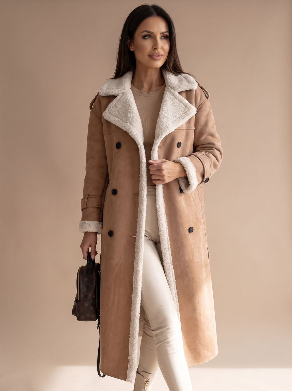 Women's Long Belted Faux Leather Coat with Sherpa Lining