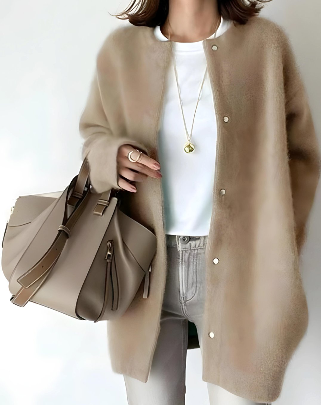 Women's Longline Crew Neck Snap Front Cardigan - Beige