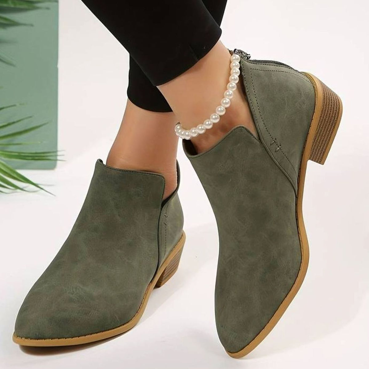 Women's Pointed-Toe Low Block Heel Ankle Boots - Green