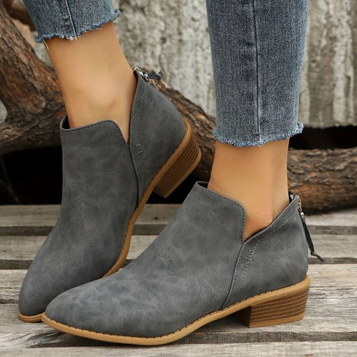 Women's Pointed-Toe Low Block Heel Ankle Boots - Beige