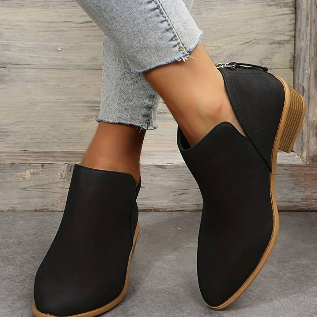 Women's Pointed-Toe Low Block Heel Ankle Boots - Black