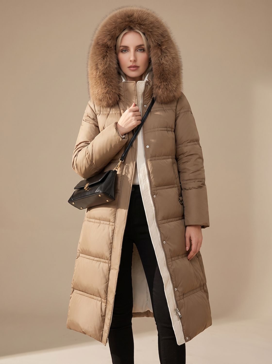 Women's Long Puffer Parka with Plush-Trimmed Hood - Brown