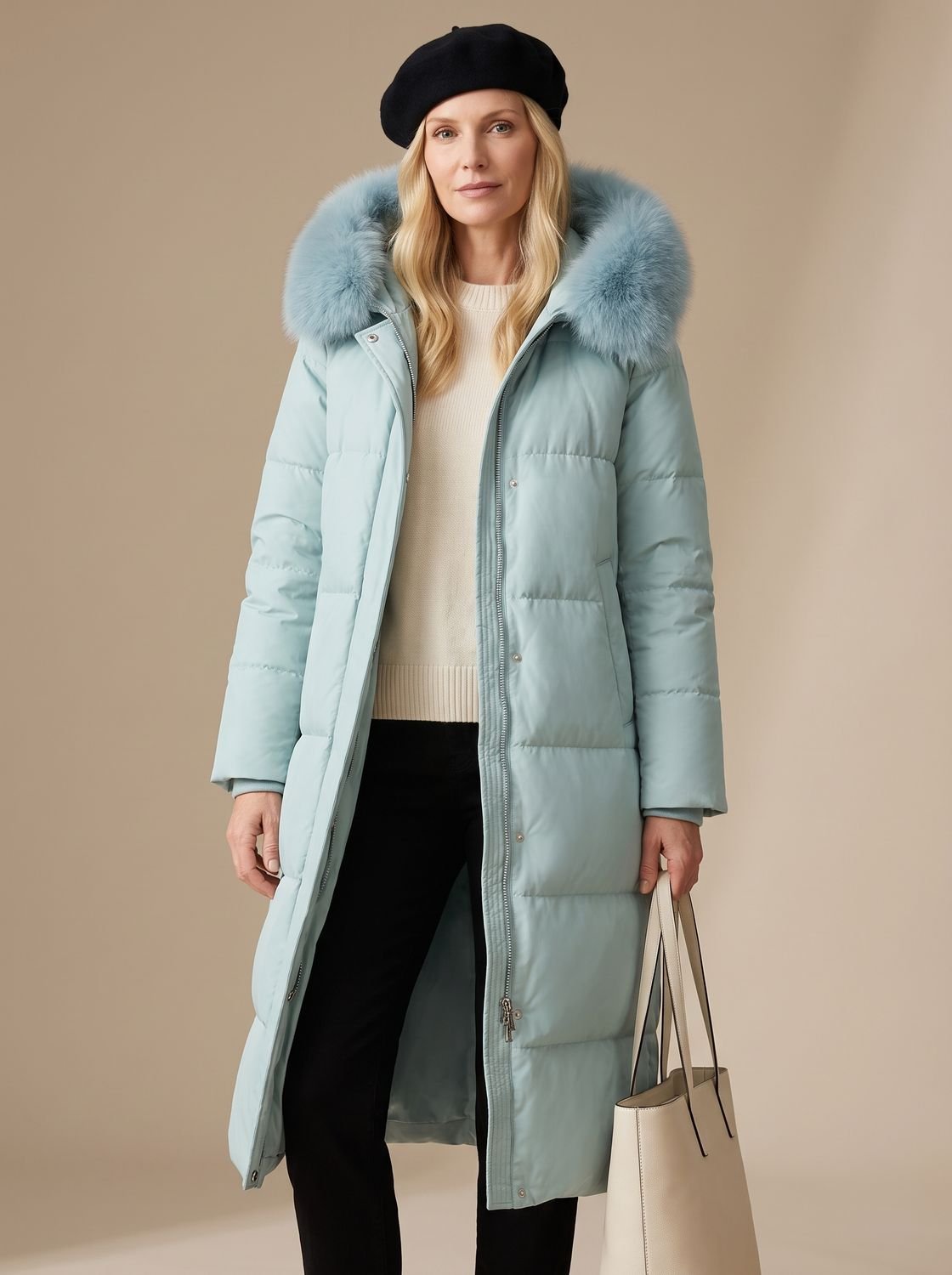 Women's Long Puffer Parka with Plush-Trimmed Hood - Blue