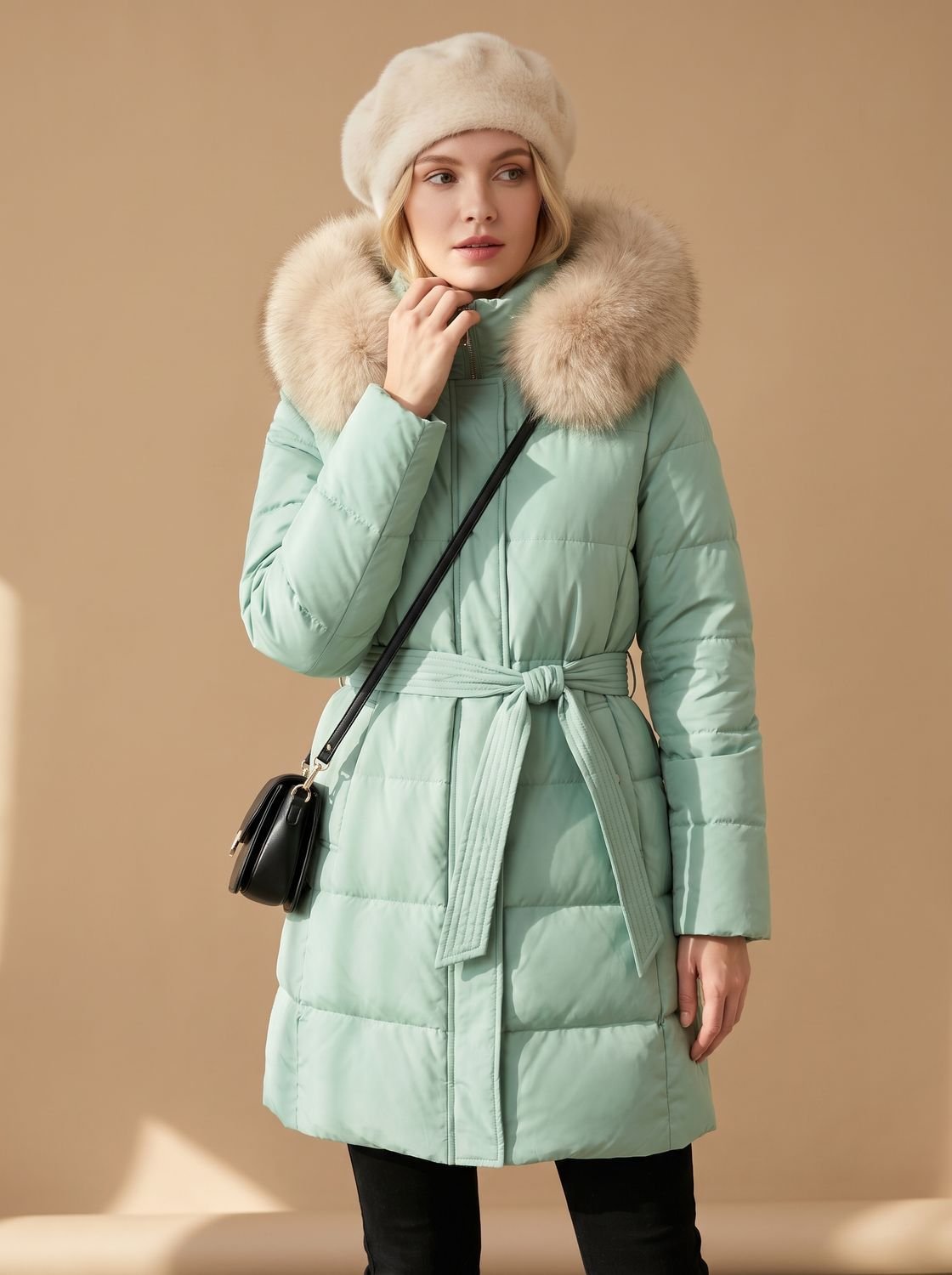Women's Long Puffer Parka with Plush-Trimmed Hood - Blue And White
