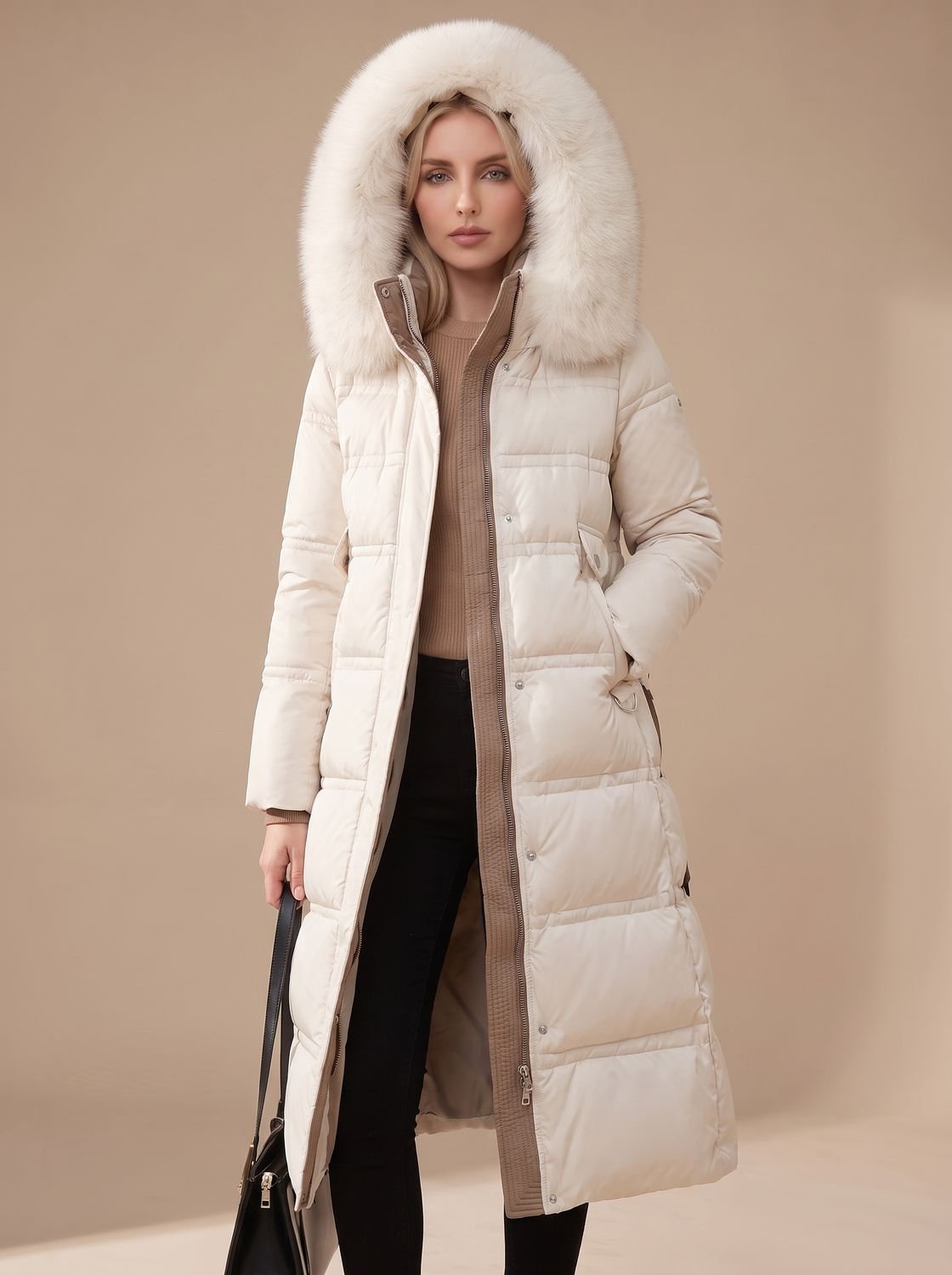 Women's Long Puffer Parka with Plush-Trimmed Hood - White
