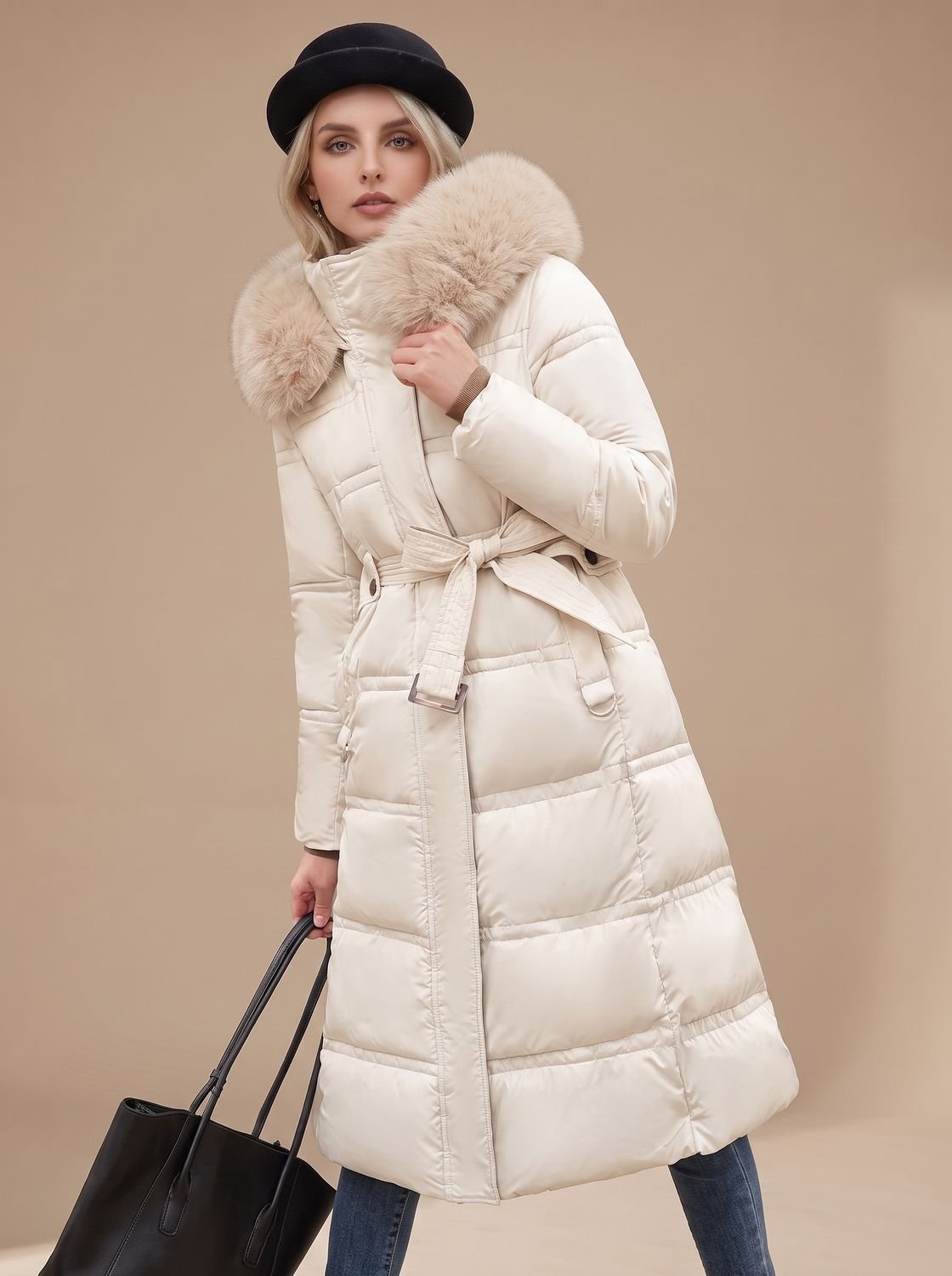 Women's Long Puffer Parka with Plush-Trimmed Hood - White And Beige