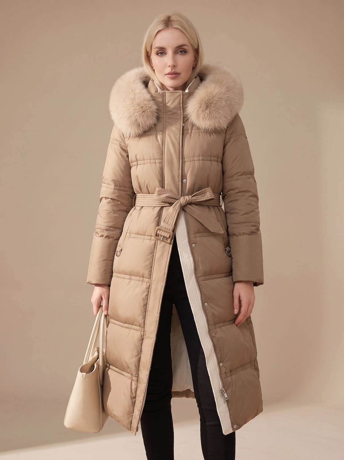 Women's Long Puffer Parka with Plush-Trimmed Hood - Brown And Beige