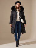 Women's Long Puffer Parka with Plush-Trimmed Hood - Black