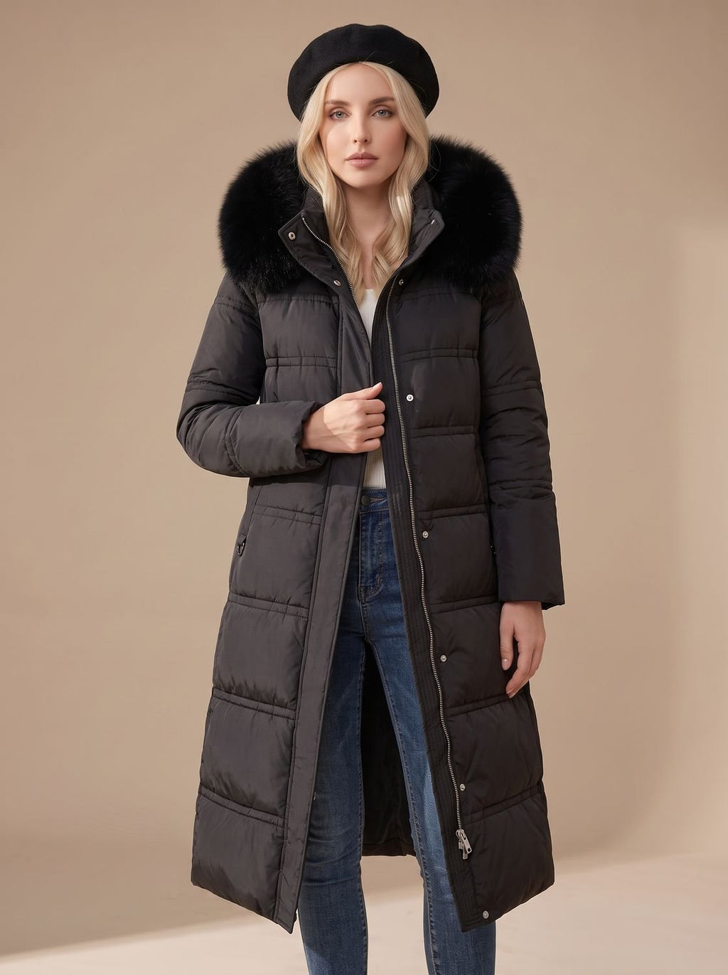 Women's Long Puffer Parka with Plush-Trimmed Hood