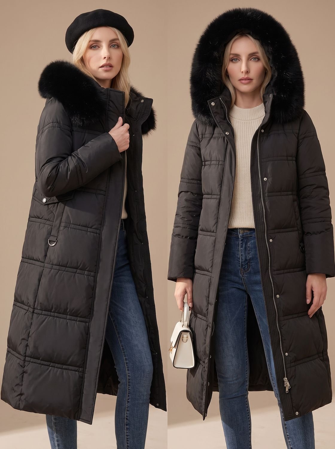 Women's Long Puffer Parka with Plush-Trimmed Hood