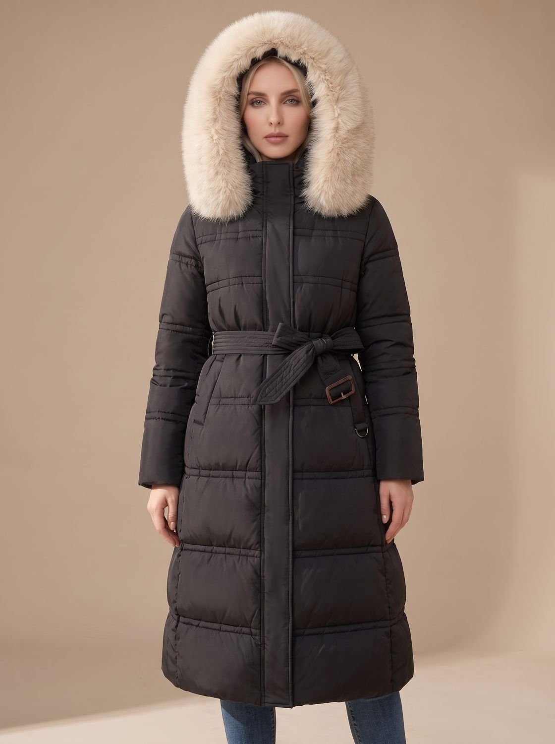 Women's Long Puffer Parka with Plush-Trimmed Hood - Black And White
