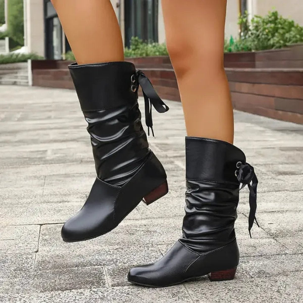 Women's Mid-Calf Lace-Up Slouchy Block Heel Ankle Boots