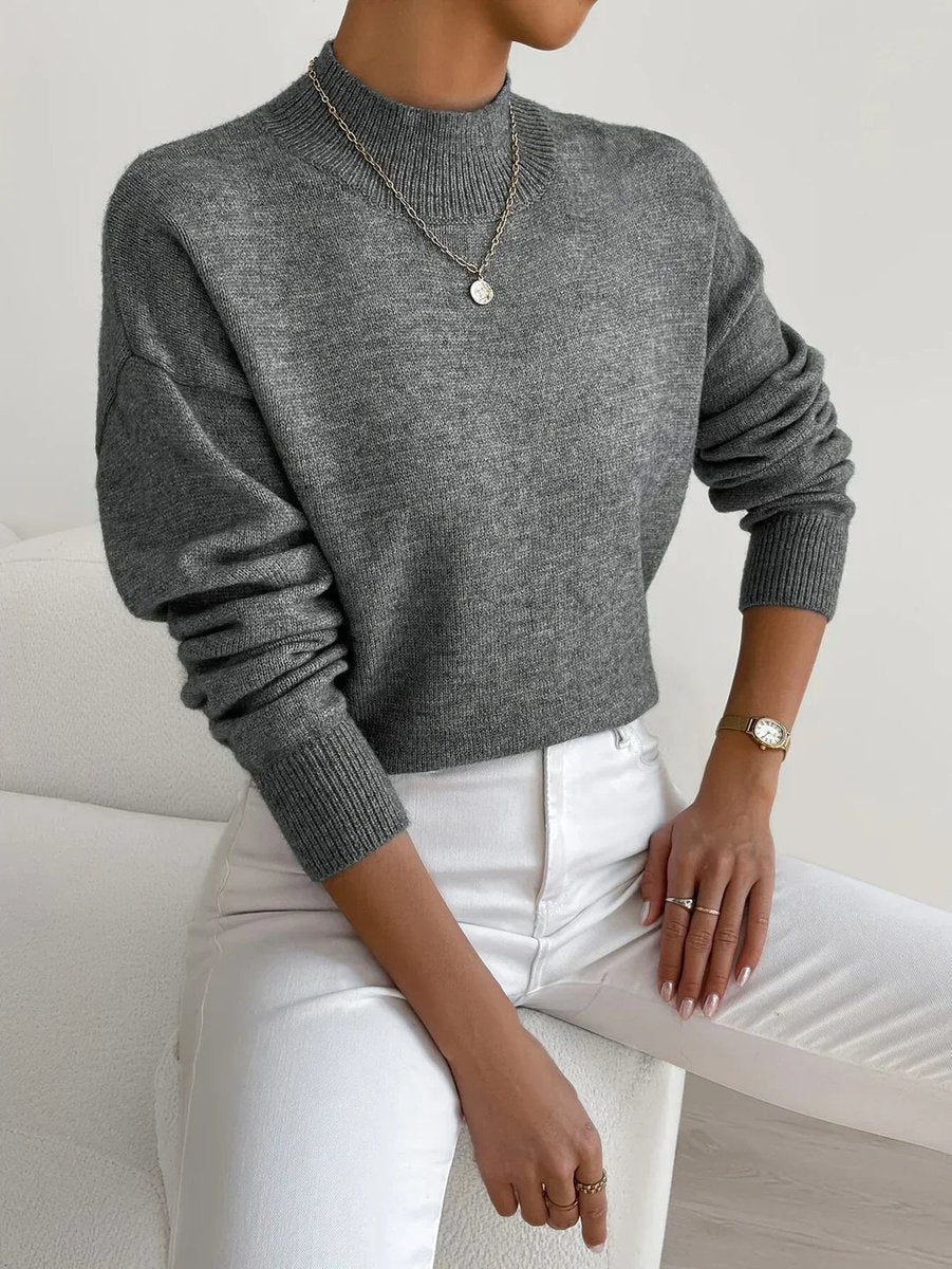 Women's Mock Neck Relaxed-Fit Knit Turtleneck Sweater - Dark Gray