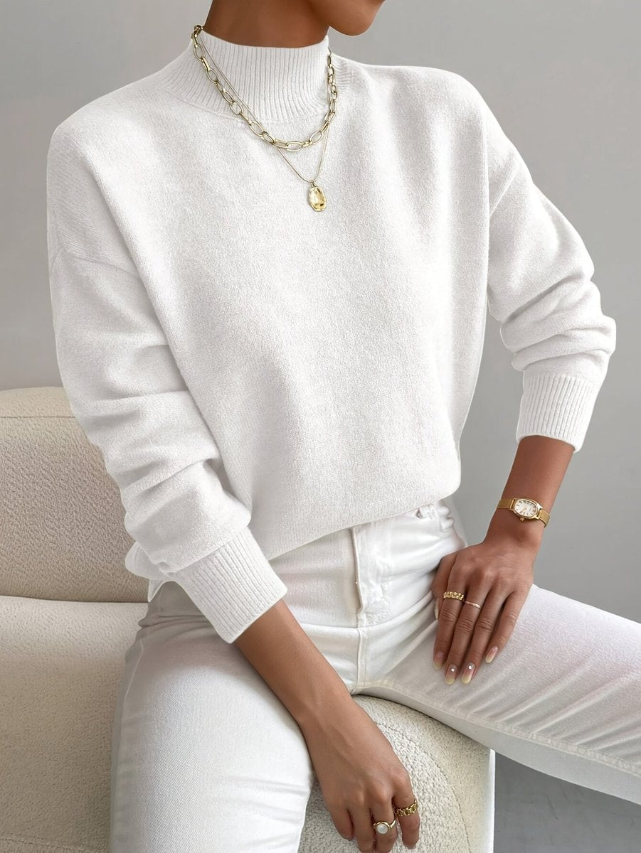 Women's Mock Neck Relaxed-Fit Knit Turtleneck Sweater - White