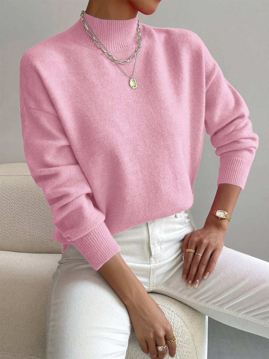 Women's Mock Neck Relaxed-Fit Knit Turtleneck Sweater - Light Pink