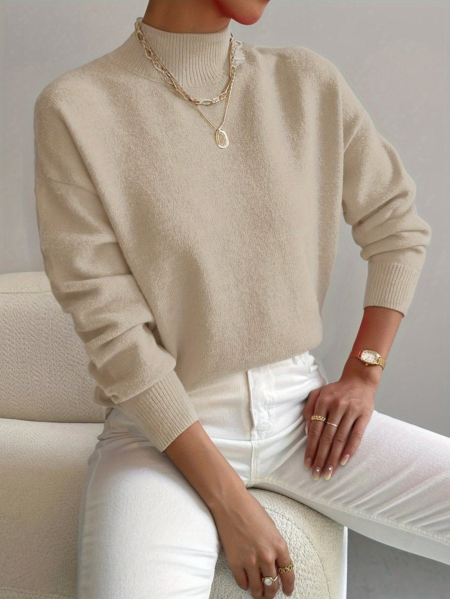 Women's Mock Neck Relaxed-Fit Knit Turtleneck Sweater - Beige