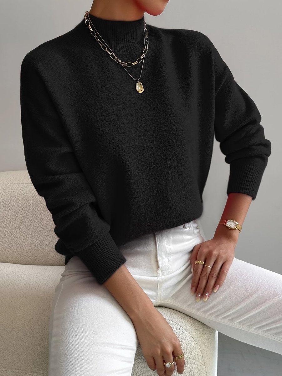 Women's Mock Neck Relaxed-Fit Knit Turtleneck Sweater - Black