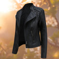 Women's Zip-Up Faux Leather Biker Jacket - Black