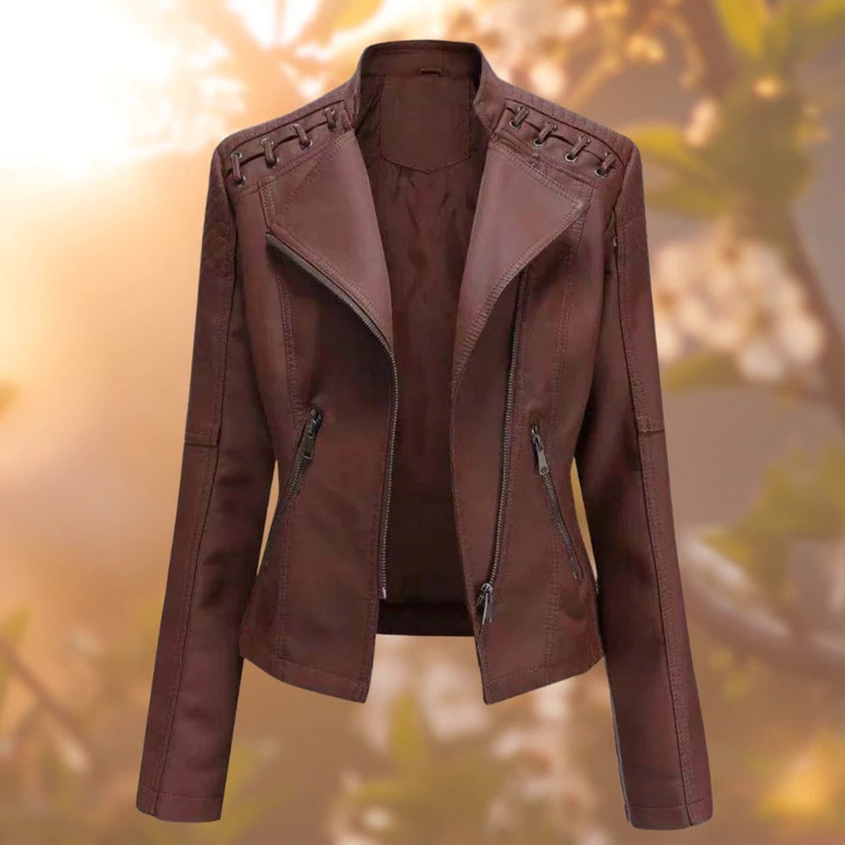 Women's Zip-Up Faux Leather Biker Jacket - Dark Brown
