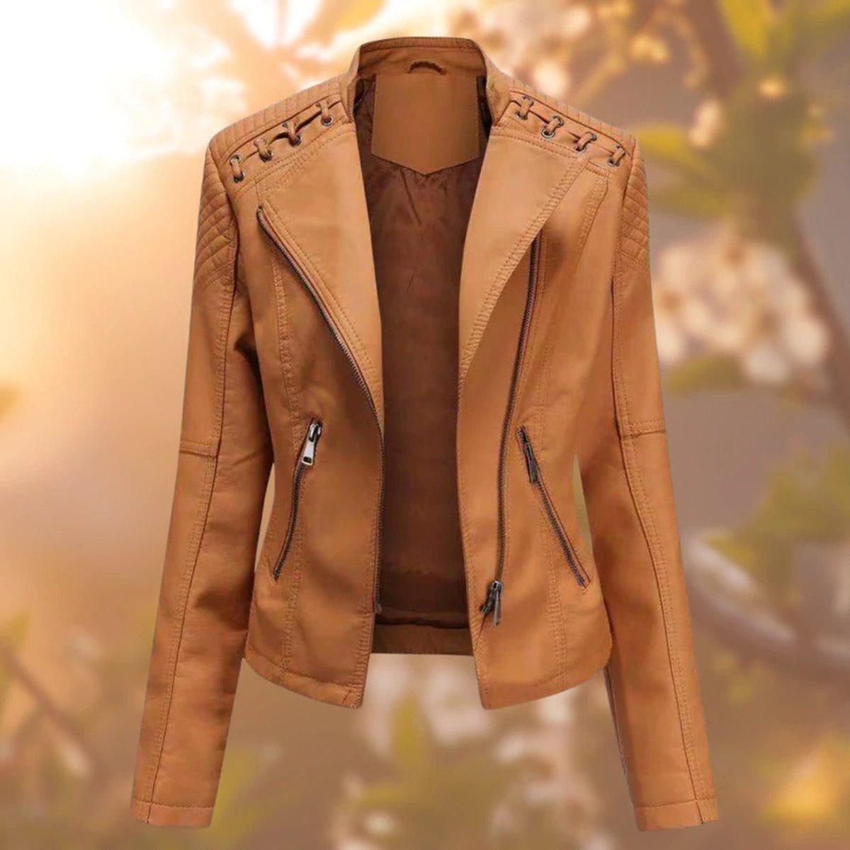 Women's Zip-Up Faux Leather Biker Jacket - Orange