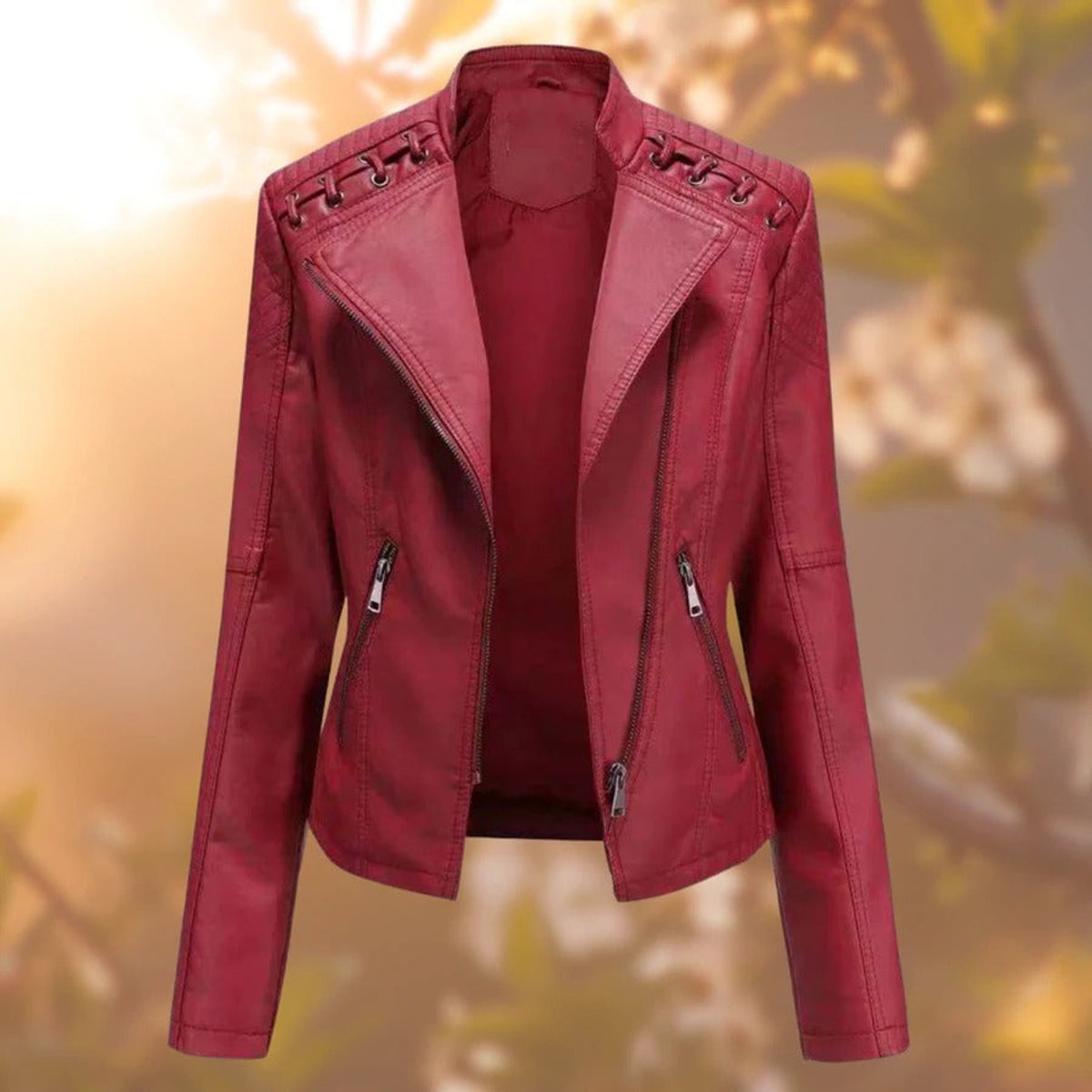 Women's Zip-Up Faux Leather Biker Jacket - Dark Red