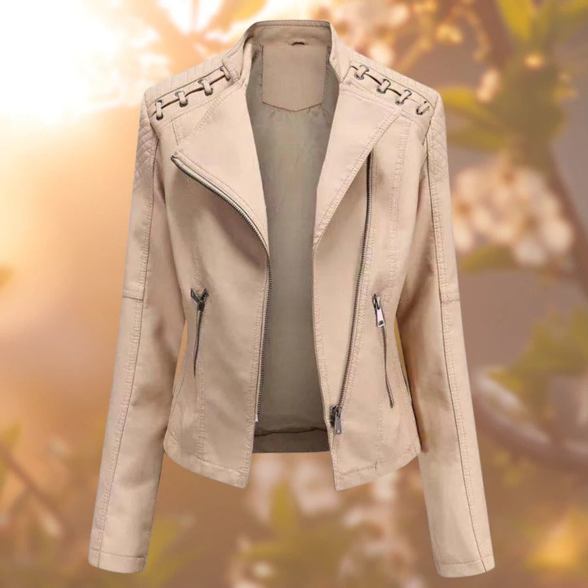 Women's Zip-Up Faux Leather Biker Jacket - Khaki