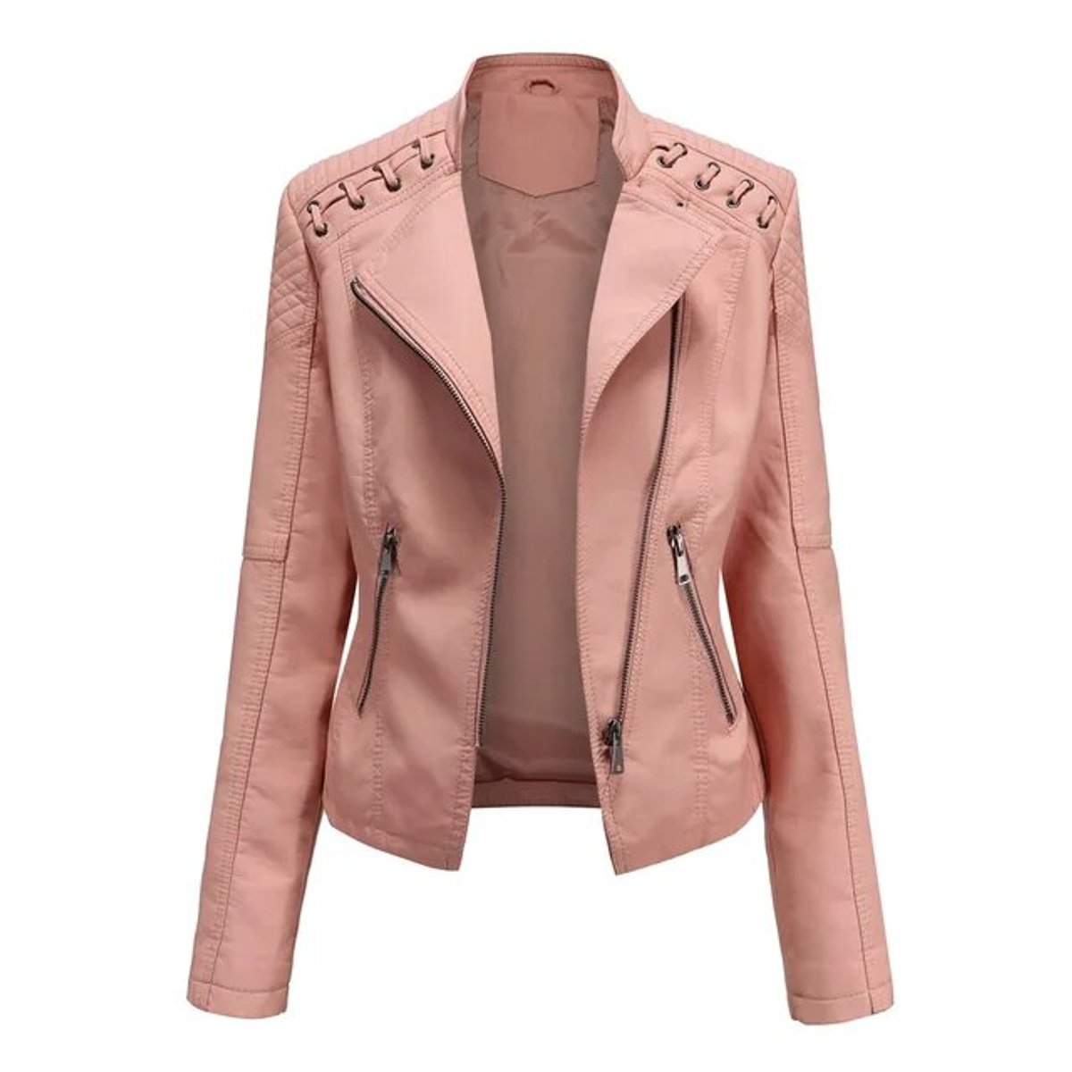 Women's Zip-Up Faux Leather Biker Jacket - Pink
