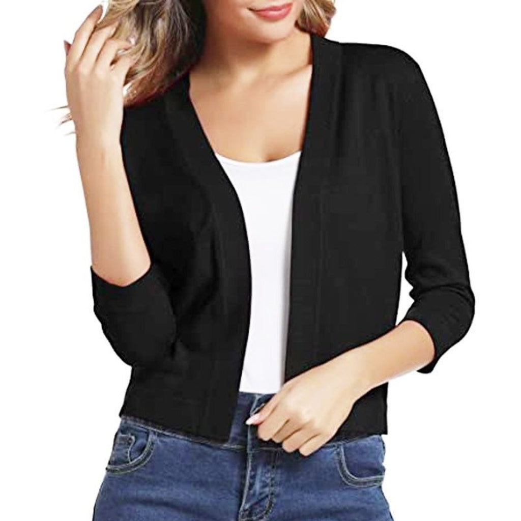 Women's Cropped Open Front Three-Quarter Sleeve Cardigan