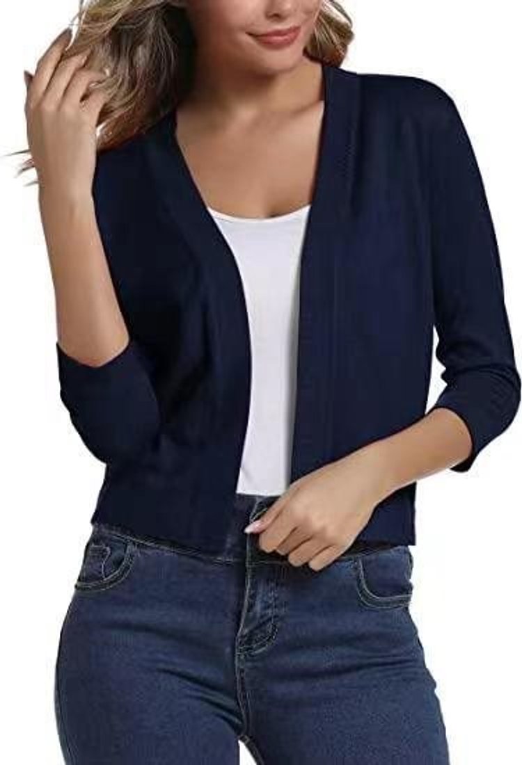 Women's Cropped Open Front Three-Quarter Sleeve Cardigan - Sapphire Blue