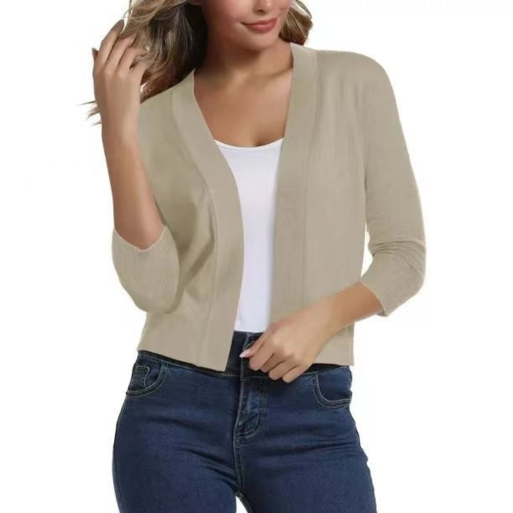 Women's Cropped Open Front Three-Quarter Sleeve Cardigan - Beige