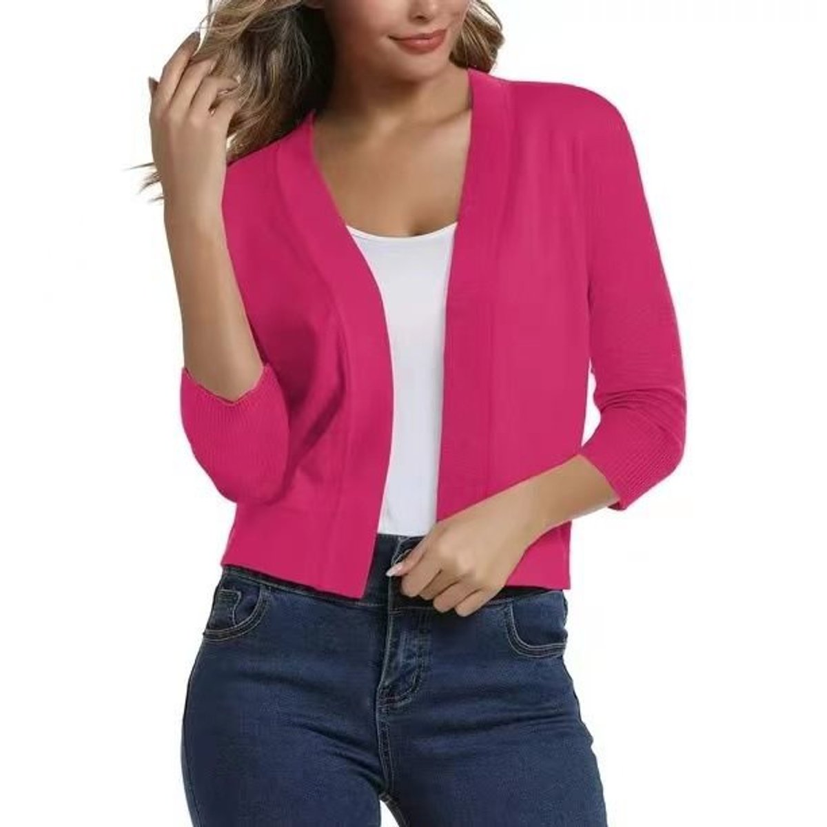 Women's Cropped Open Front Three-Quarter Sleeve Cardigan - Red
