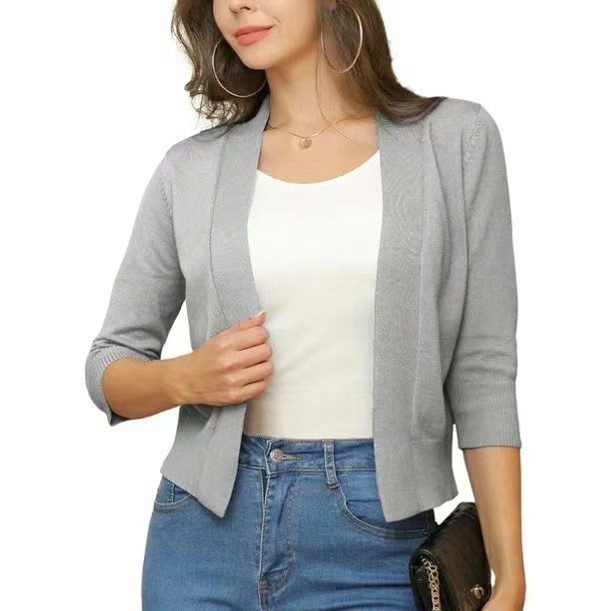 Women's Cropped Open Front Three-Quarter Sleeve Cardigan - Silver Gray