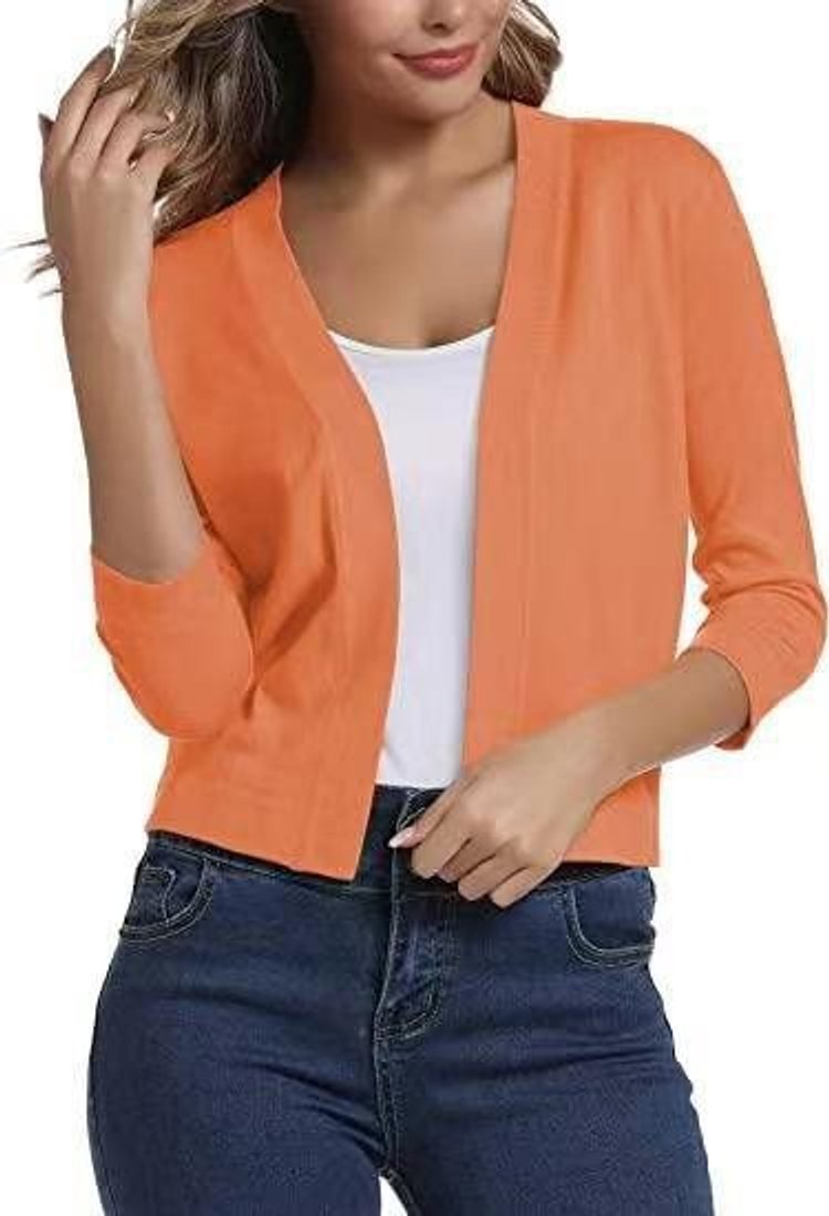 Women's Cropped Open Front Three-Quarter Sleeve Cardigan - Orange