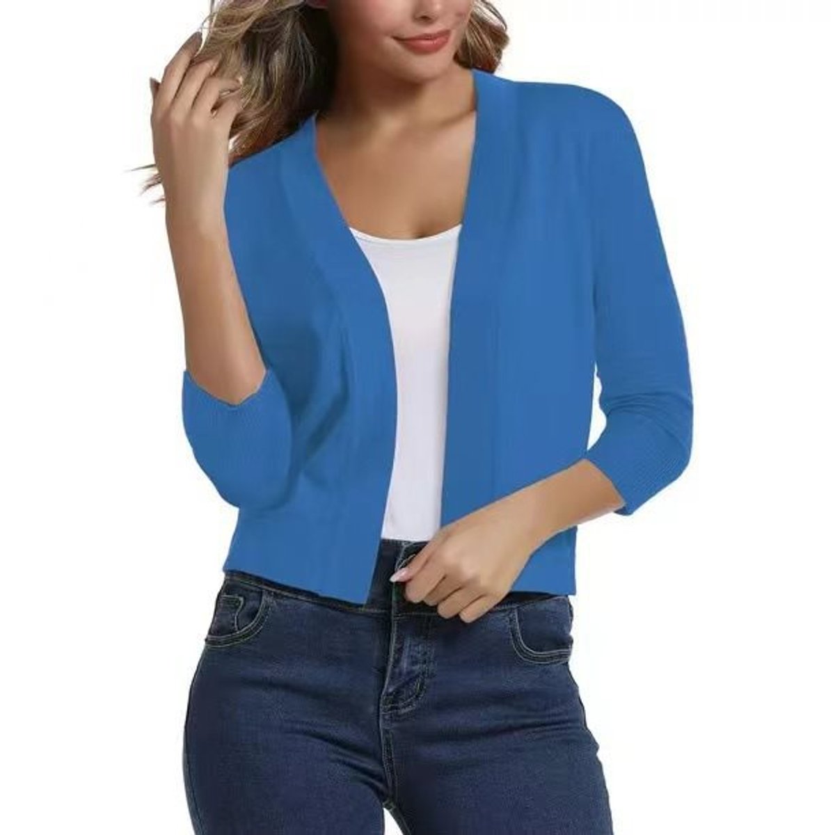 Women's Cropped Open Front Three-Quarter Sleeve Cardigan - Blue