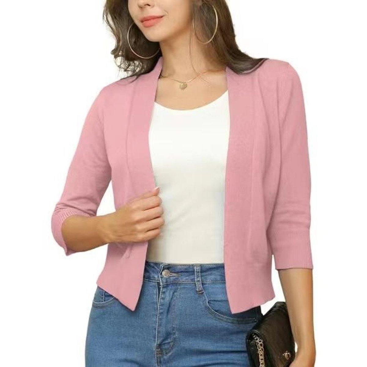 Women's Cropped Open Front Three-Quarter Sleeve Cardigan - Rubber Red