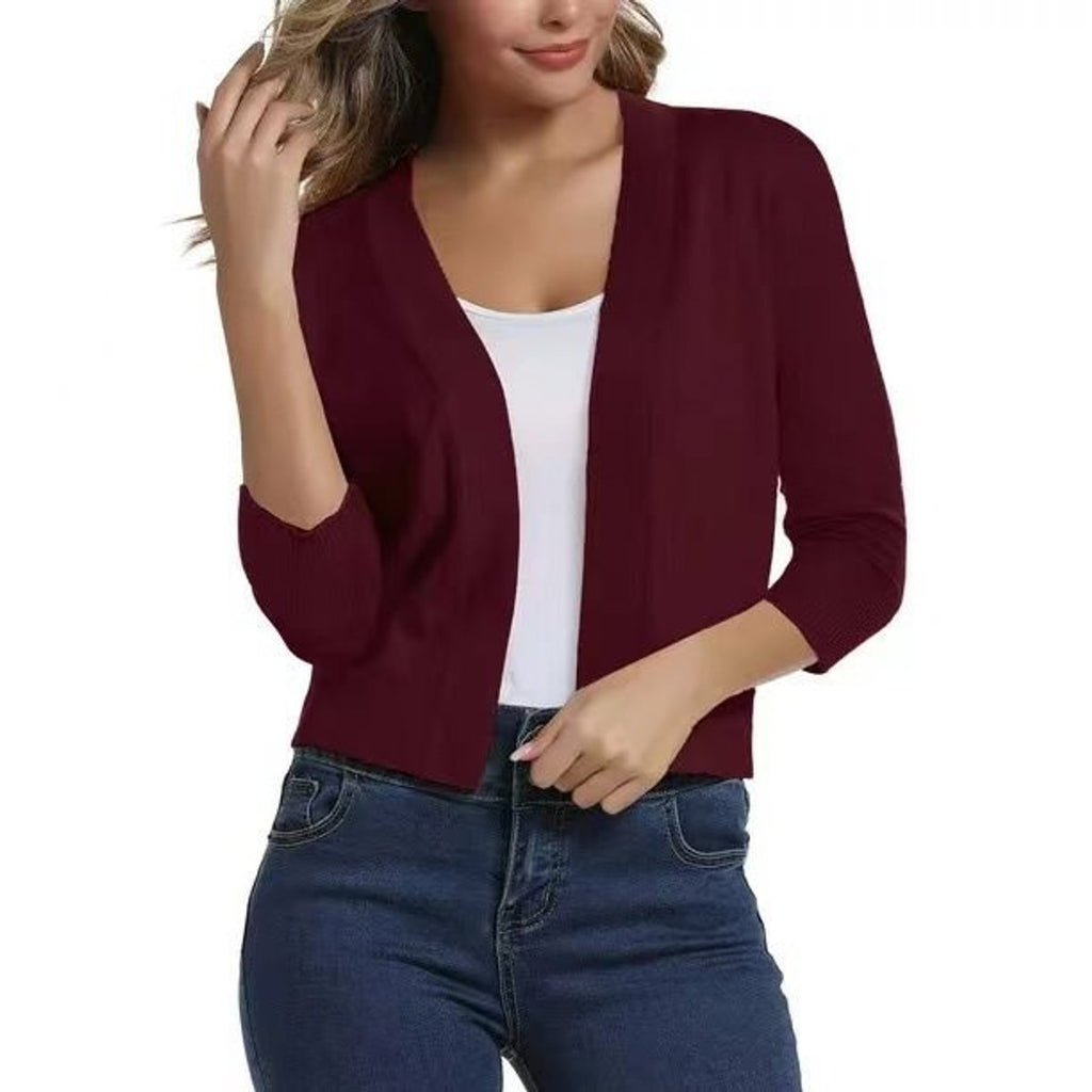 Women's Cropped Open Front Three-Quarter Sleeve Cardigan