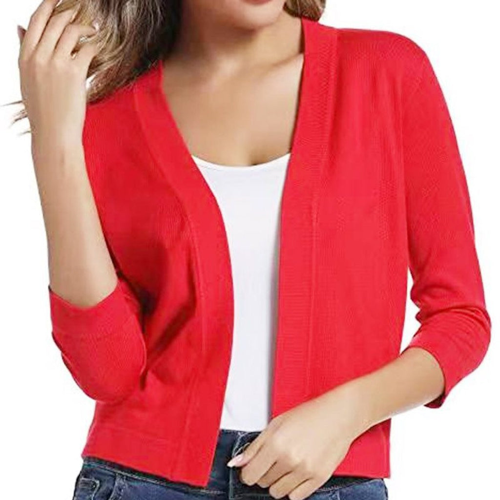 Women's Cropped Open Front Three-Quarter Sleeve Cardigan