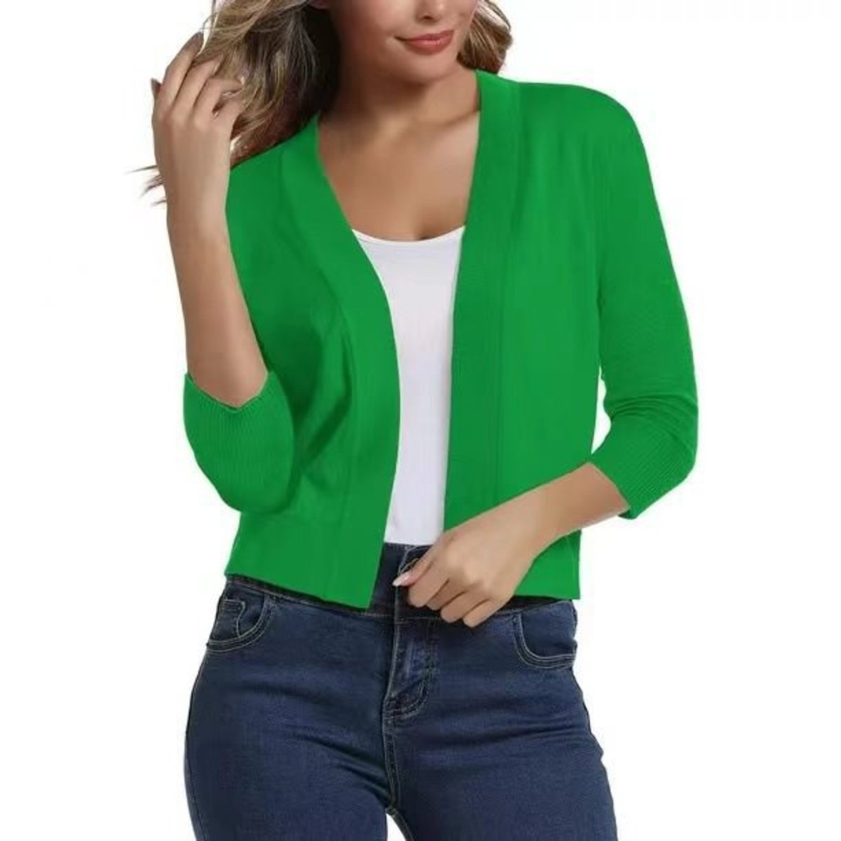 Women's Cropped Open Front Three-Quarter Sleeve Cardigan - Bright Green