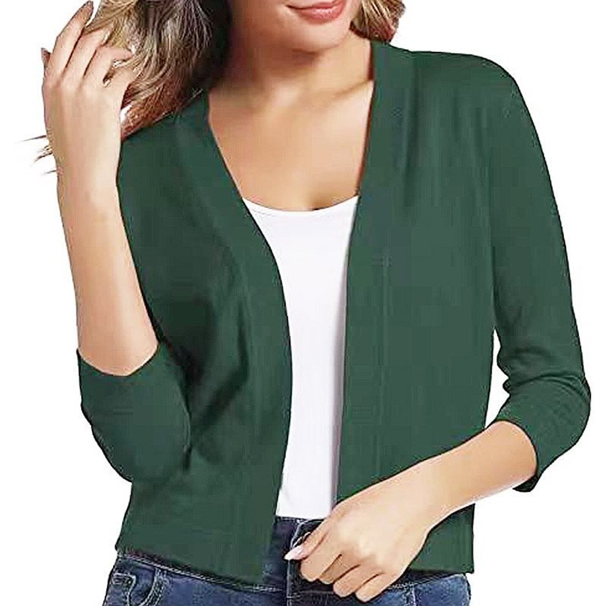 Women's Cropped Open Front Three-Quarter Sleeve Cardigan