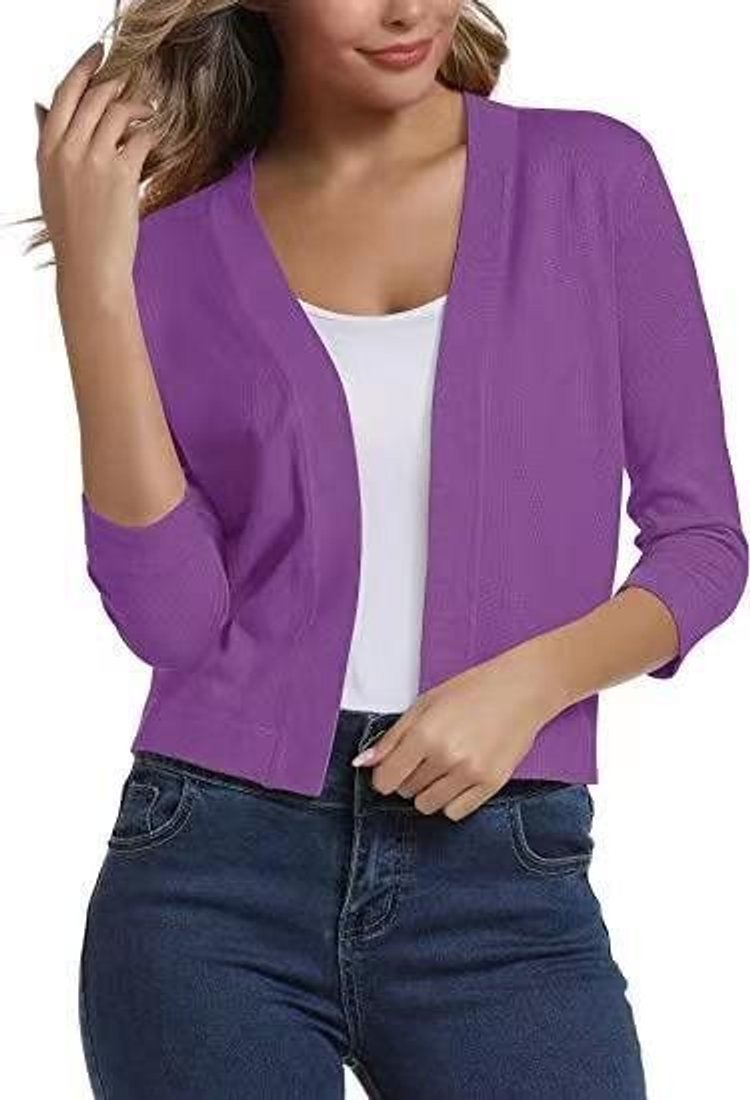 Women's Cropped Open Front Three-Quarter Sleeve Cardigan - Purple