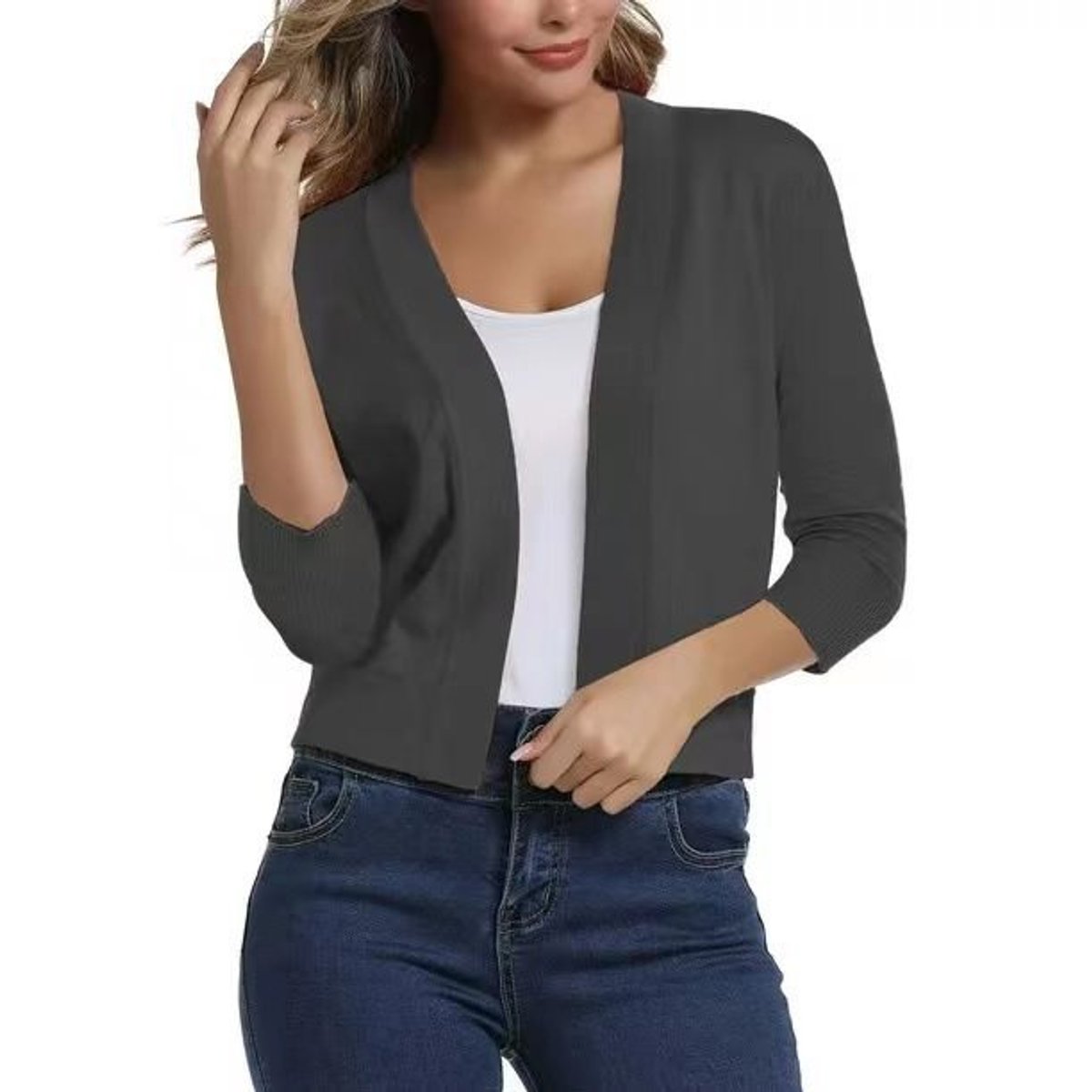 Women's Cropped Open Front Three-Quarter Sleeve Cardigan - Gray