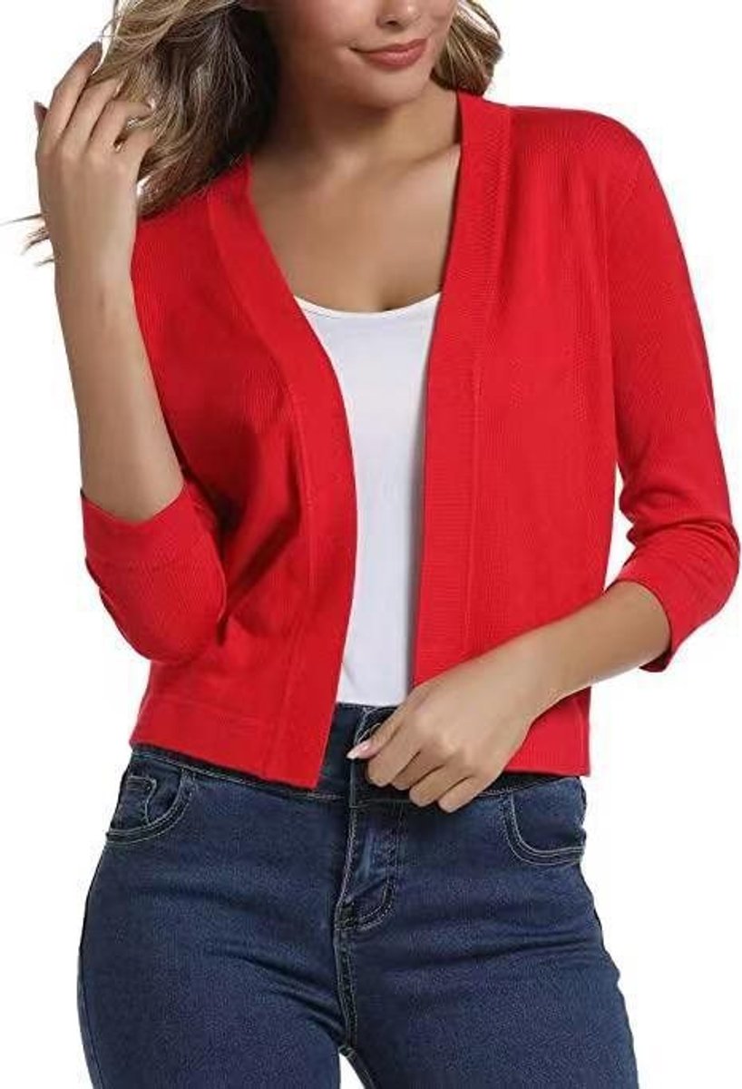 Women's Cropped Open Front Three-Quarter Sleeve Cardigan - China Red