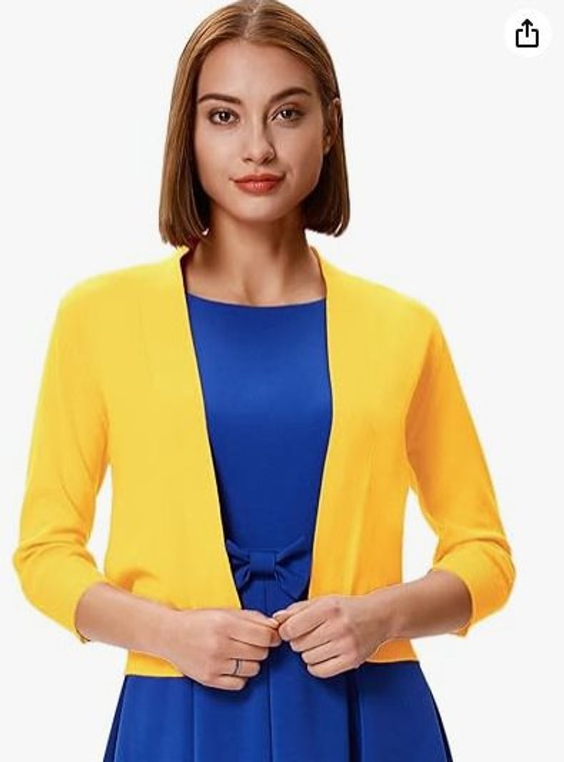 Women's Cropped Open Front Three-Quarter Sleeve Cardigan - Yellow