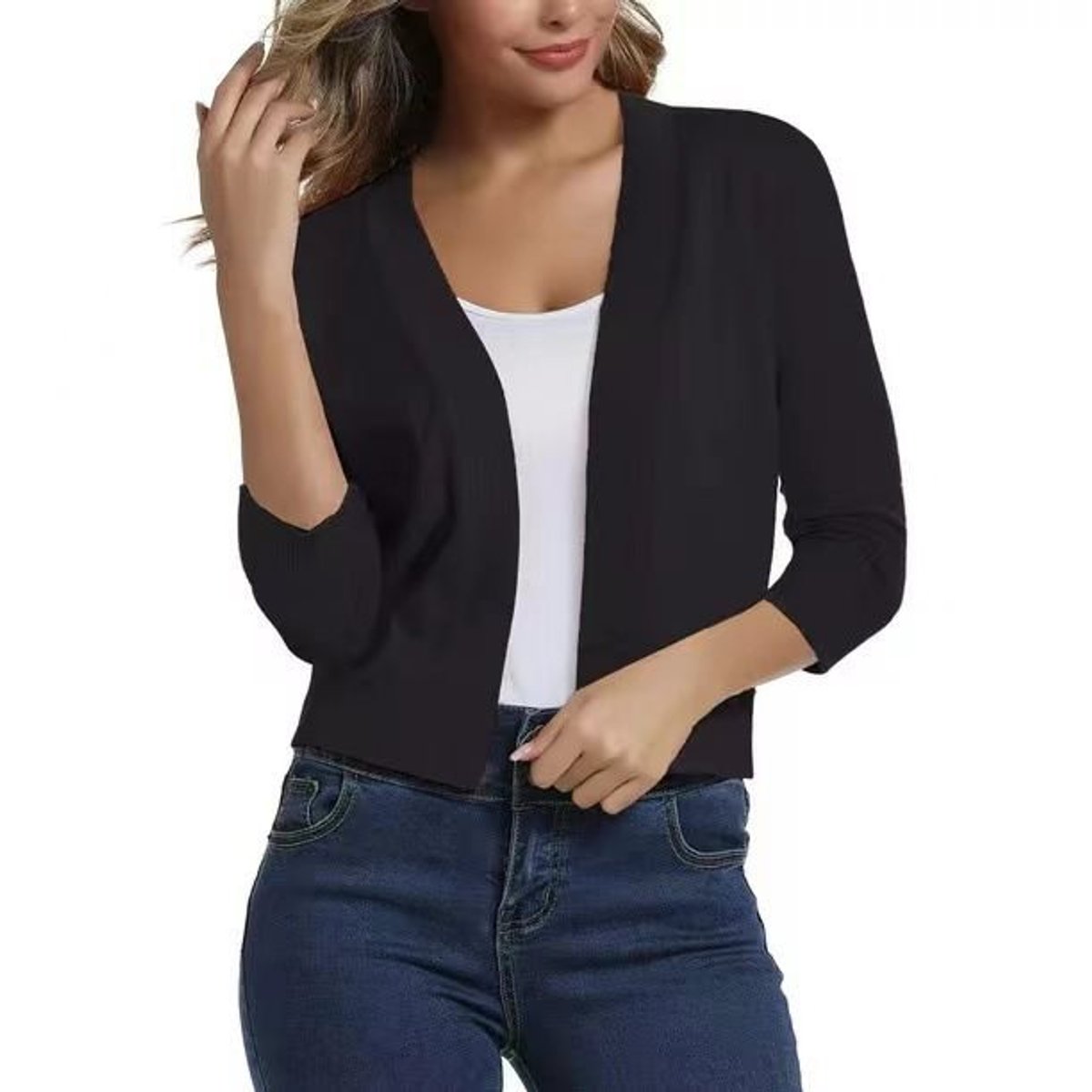 Women's Cropped Open Front Three-Quarter Sleeve Cardigan